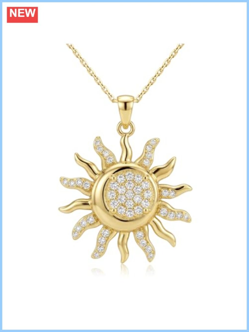 925 Sterling Silver 14K Gold Plated Sun Moon Pendant Necklace CZ Celestial